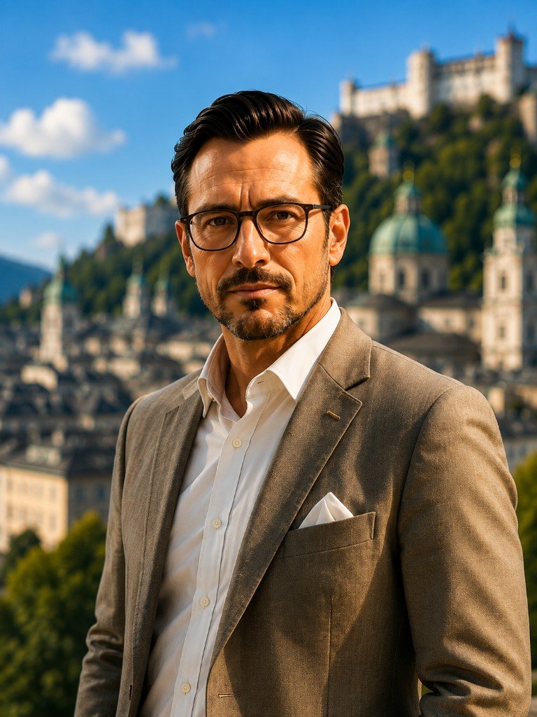 Portrait of Dr Maximilian Seiler against a Salzburg backdrop