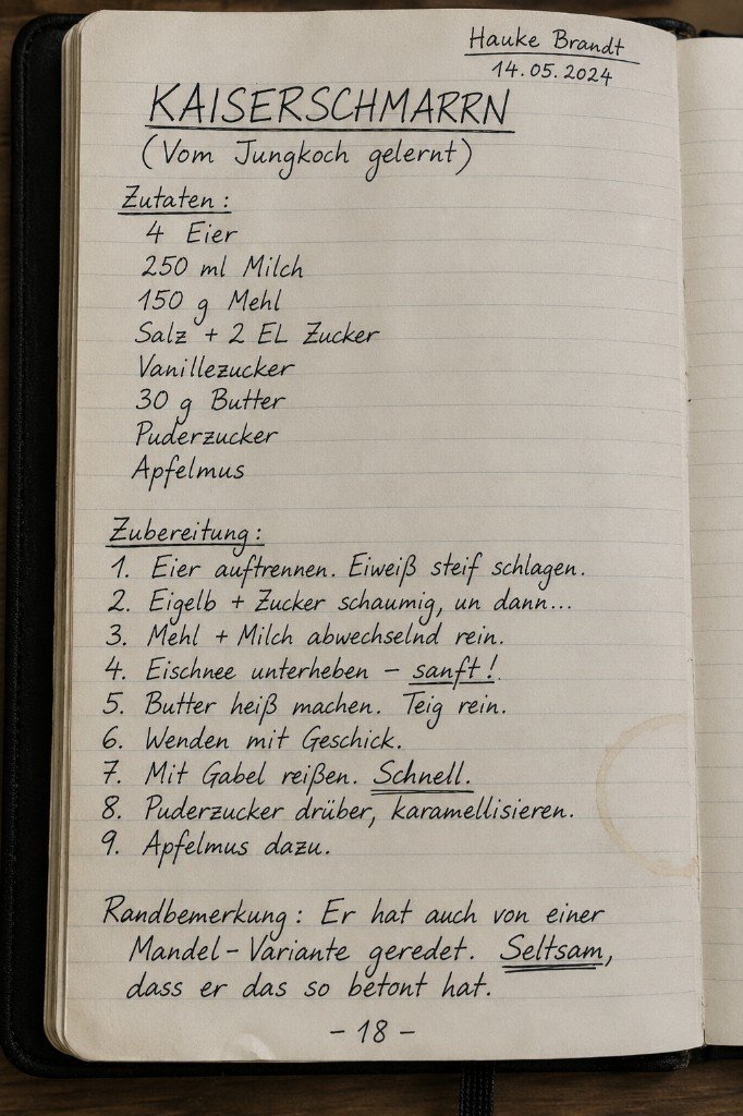 Handwritten Kaiserschmarrn recipe sheet noted by Hauke Brandt
