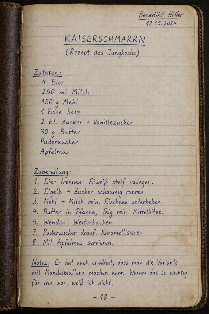 Handwritten Kaiserschmarrn recipe sheet noted by Benedikt Höller