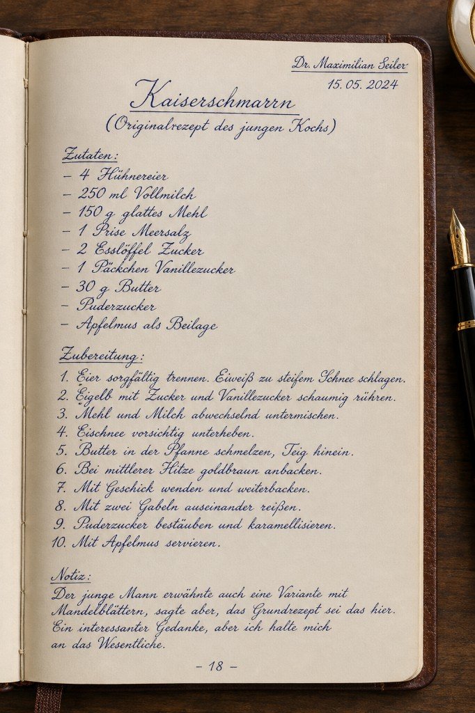 Handwritten Kaiserschmarrn recipe sheet noted by Dr Maximilian Seiler